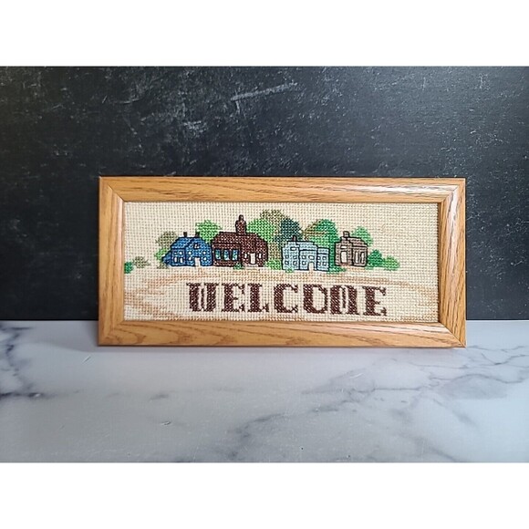 Welcome Framed Cross Stitch Art Vintage - Picture 1 of 10